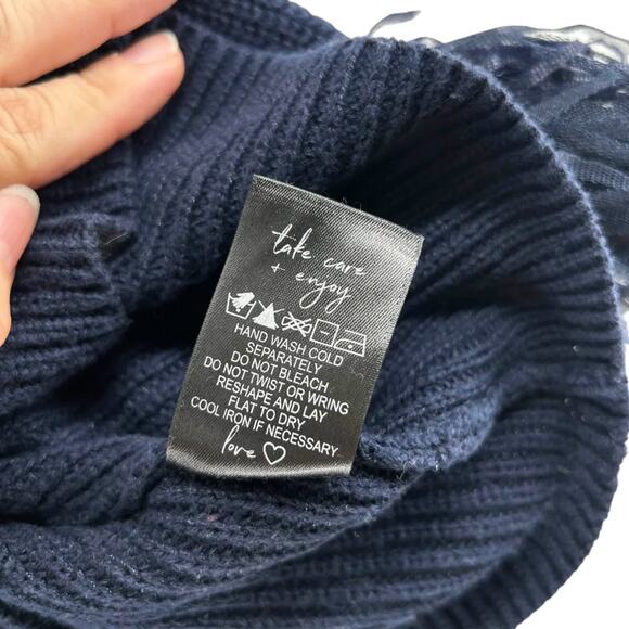 NIC+ZOE Navy Blue Ribbed Knit Fringe Sleeve Sweater Womens Large Cotton Blend - Picture 4 of 8